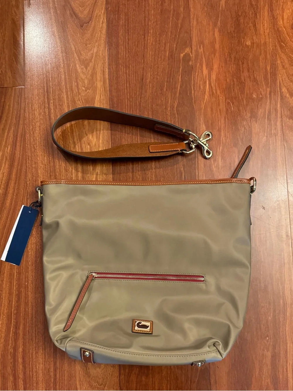 Price firm- Dooney & Bourke Taupe Nylon Hobo Bag with Leather Trim